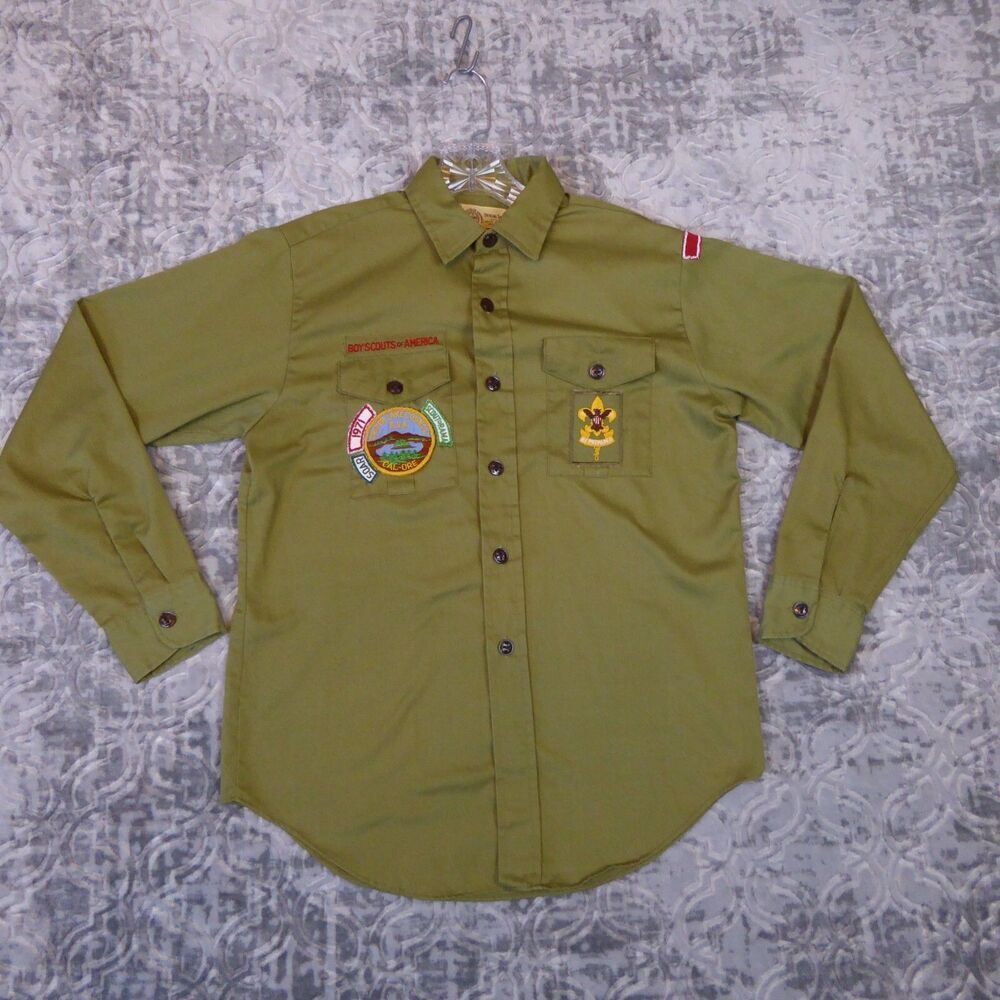 Vintage Boy Scouts Of America Shirt Size 14.5 Beige Patches 70s BSA Cal-Ore